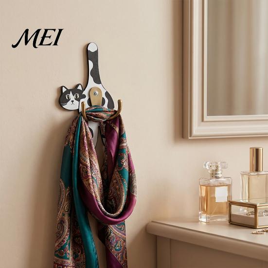 No Drill Wall Hook Cat Butt Wooden Hook, Double with Strong Adhesive Backing Corridor Organizer Durable Cat-Shaped Decorative for Keys Bags