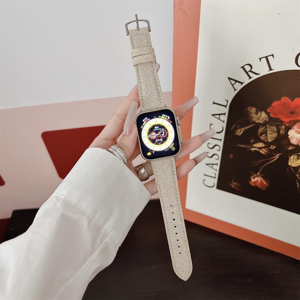 Adjustable Strap for Apple Watch Series 10 Ultra 9 8 7 SE 6 5 4 3 2 1 46mm 49mm 45mm 44mm 42mm Glitter Leather Watch Band