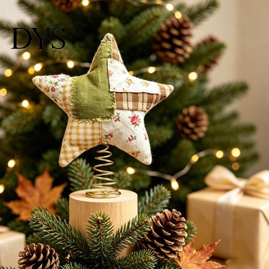 Plush Star Decor Christmas Tree Topper, Patchwork Stuffed Xmas Retro Pastoral Ornament for Winter Holiday Party Home Handmade Cloth Topper