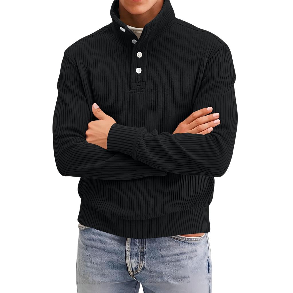Men's Four-Button Pullover Sweatshirt, Solid Color, High Neck, Long Sleeve