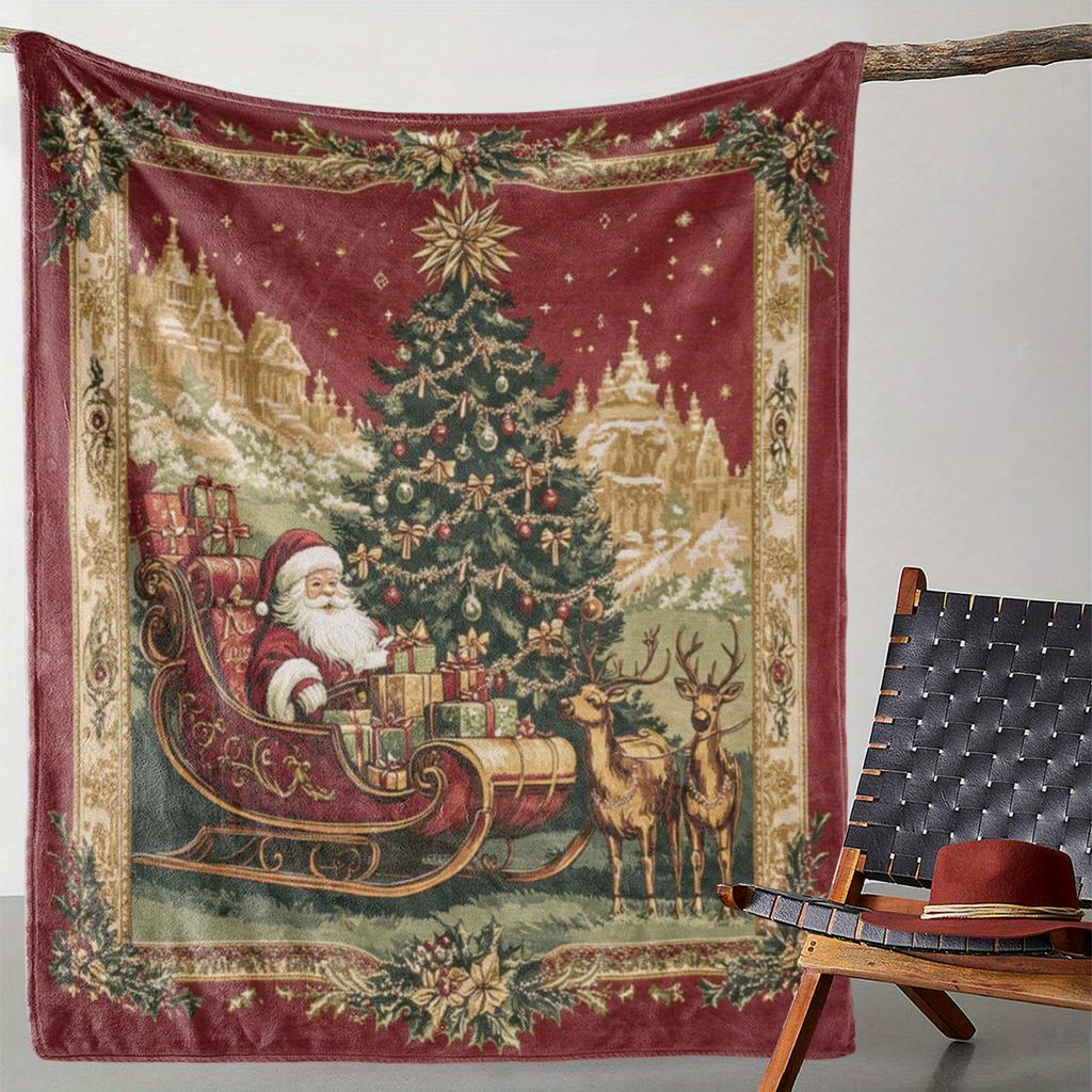 Vintage Christmas Blanket - Santa/Reindeer/Tree Print, Soft Flannel Fleece, Cozy Gift for Couch/Bed/Travel, All-Season Use
