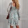 Ladies Fashionable Casual Versatile Daily Floral Square Neck Long Sleeve Dress