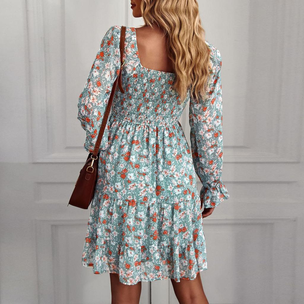 Ladies Fashionable Casual Versatile Daily Floral Square Neck Long Sleeve Dress