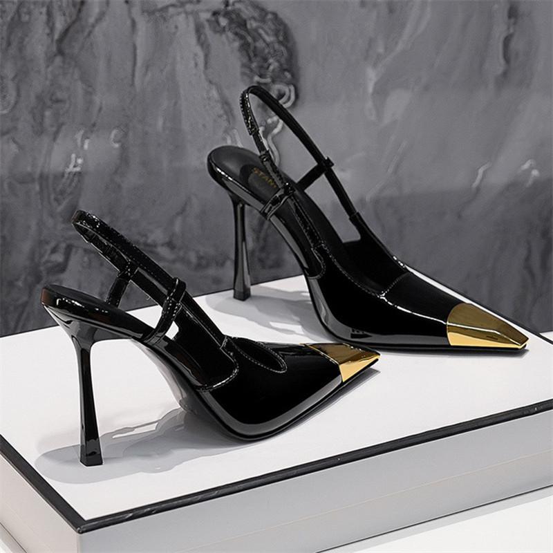 New Patchwork Gold Black Sandals Metal Square Toe Stiletto High Heels Slingback Sexy Spring Summer Women Pumps 2024 New Trend