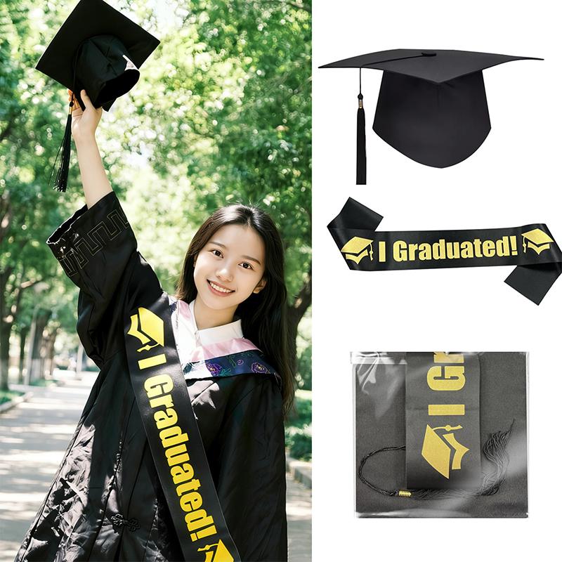 1/2/3Pc Class Of 2026 Black Golden Satin Sash Bachelor Cap With Tassel Graduation Shoulder Strap Congrats Grad Party Photo Props