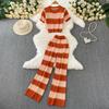 Summer Women Chic Striped Knitted Sweater Trouser Two Piece Set Short Sleeve Pullover Tops and Wide Leg Pant Suit