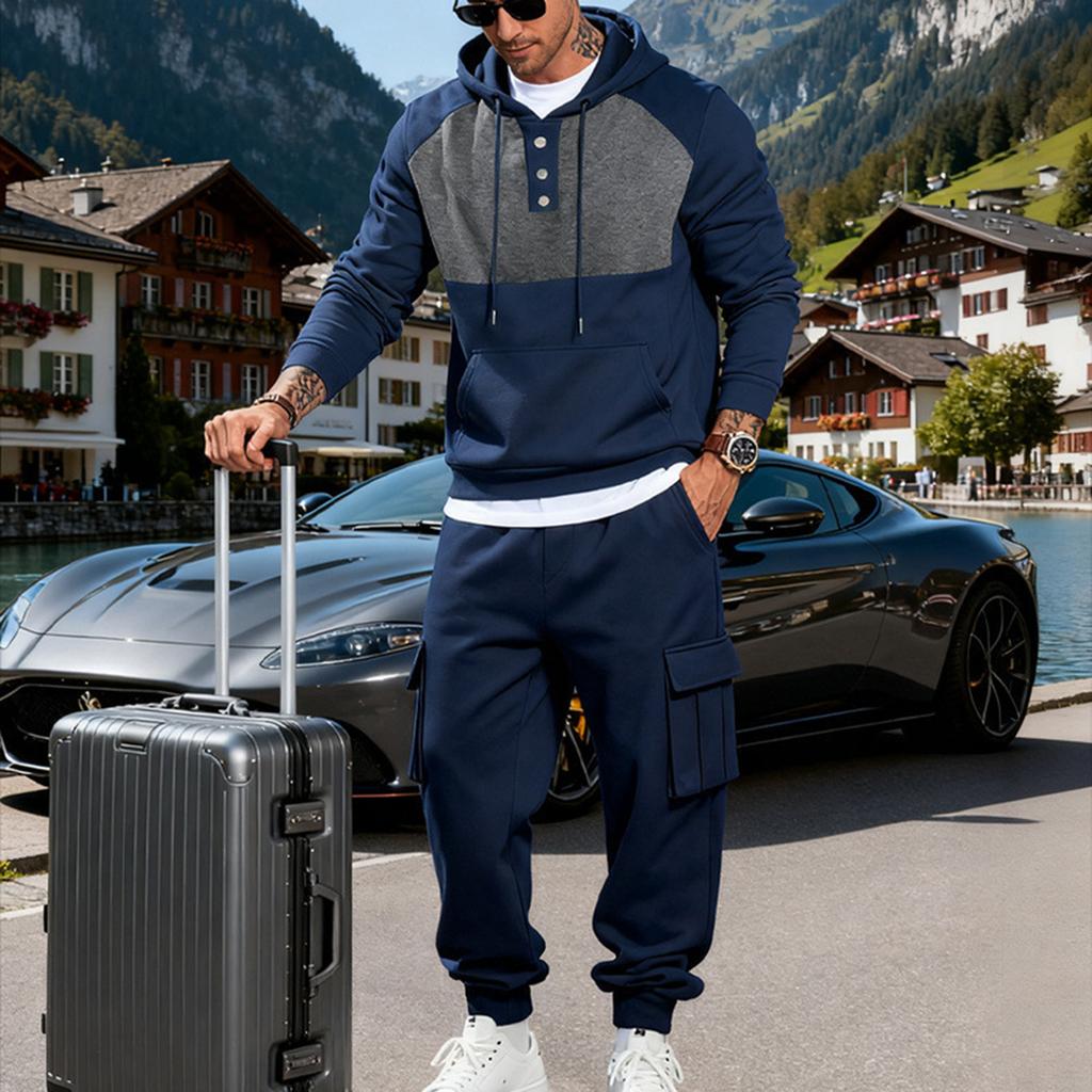 Lässiger Sportanzug für Herren: Kapuzen-Sweatshirt mit Kordelzug, Knopfleiste und Farbblockdesign mit Jogger-Taschen