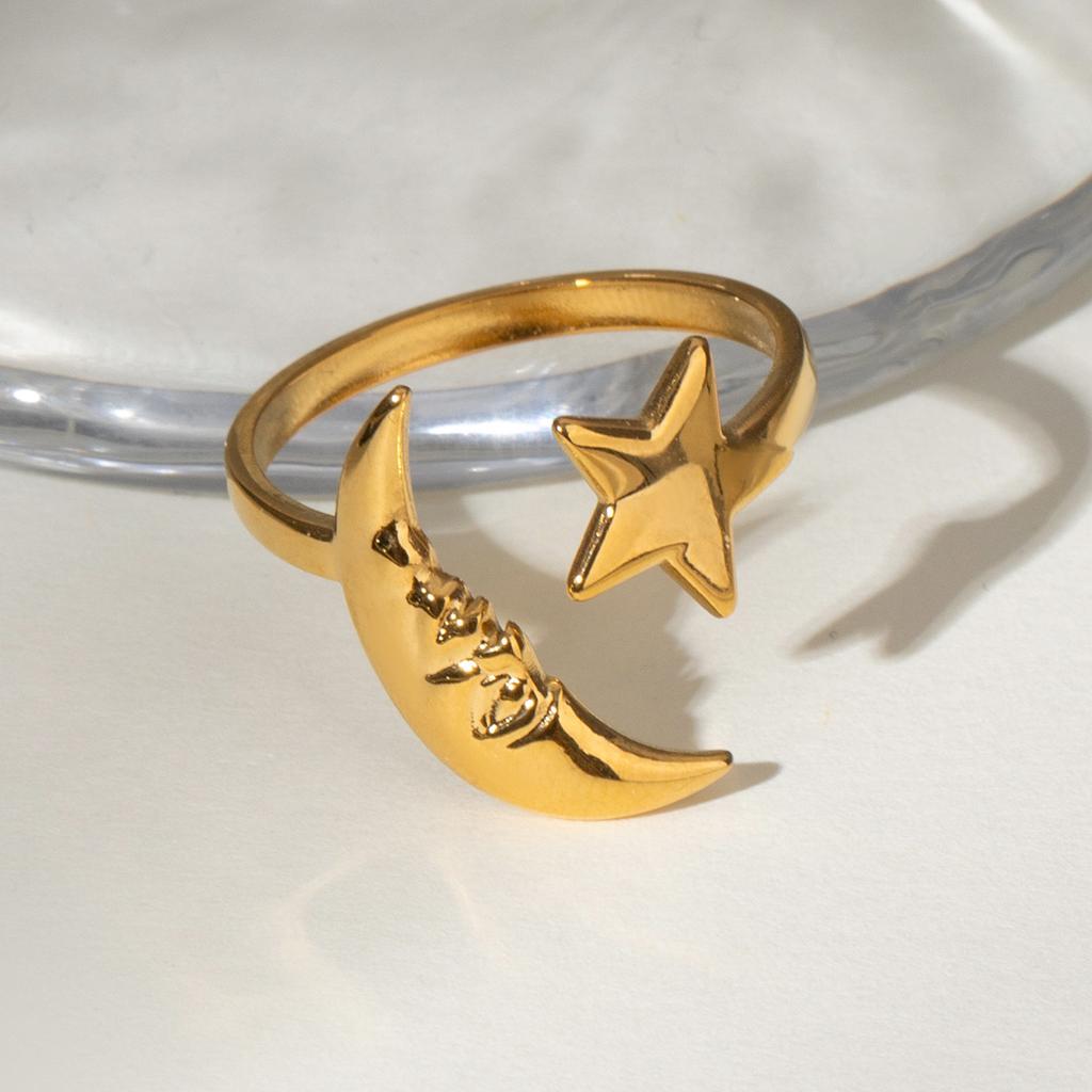 Yori 2025 Minimalist Stainless Steel Star Moon Open Ring 18K Gold Plated Thin Finger Jewelry Basic Style Wholesale