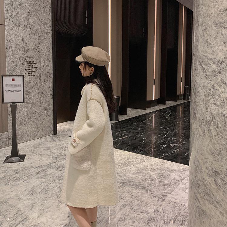 Women's Faux Fur Slim Mid-Length Woolen Coat for Autumn and Winter