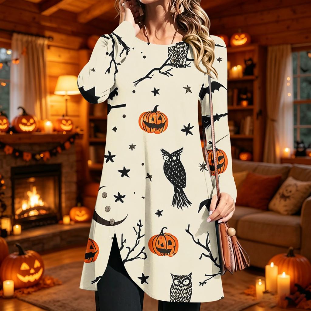 Women's Casual Long Sleeve Printed Round Neck Dress for Everyday Wear
