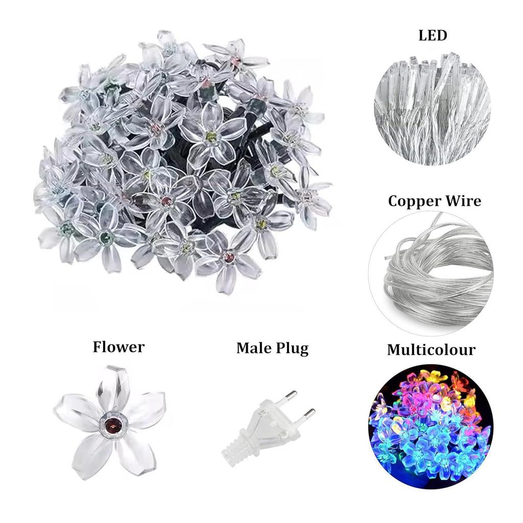 Silicone Flower LED String Lights – 60 LED, 12 Meter Multicolour Copper Wire Fairy Lights for Window, Wall, Garden, Diwali, Christmas