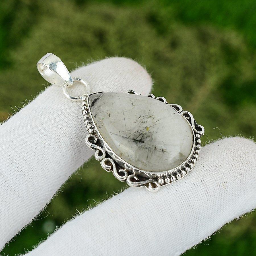 

Pear Black Rutile Stone 925 Sterling Silver Birthday Engagement Bezel Pendant