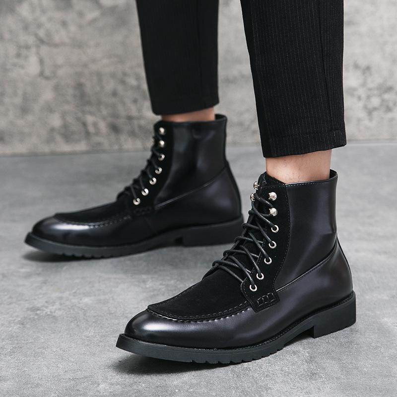 Men's European-American Leather Knight Boots: Large Size, Fashionable, Casual, Thick Sole, Height-Boosting, Winter-Autumn Dr. Martens Style.