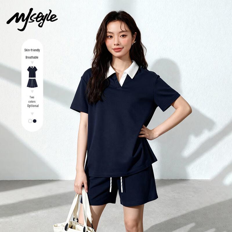 Women s Polo Collar Color-Block T-shirt & Shorts Set M