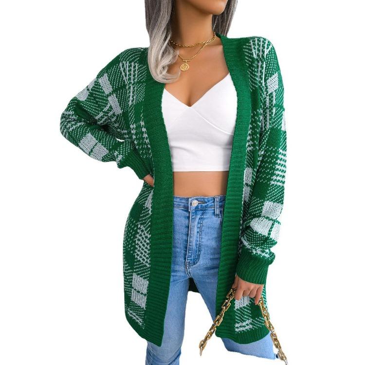 Autumn Winter Women Plaid Knitted Cardigan Sweater with Lantern Sleeve and Strap