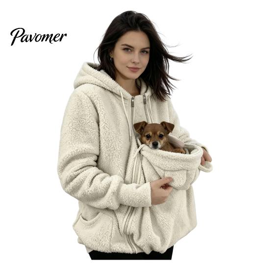 Hands Free Dog Holder Pet Pouch Zip-up Hoodie for Women, Cat Carrying Pocket Hooded Kangaroo Sweatshirt Sweatshirt, Winter Warm Fleece Long