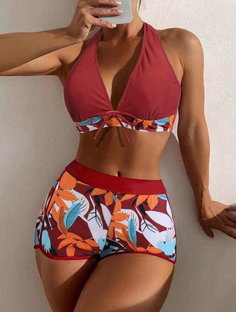 Fashion Women's High Waist Boxer  Print Solid Color Patchwork Swimsuit Bikini