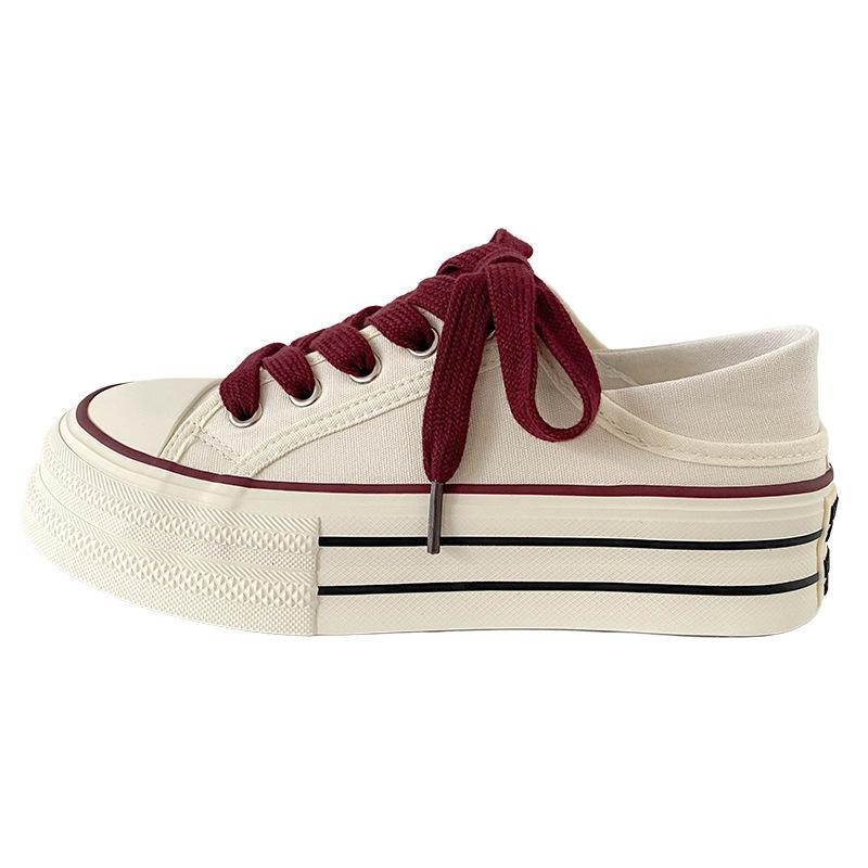 Dikke Bodem Canvas Schoenen Dames Ronde Neus Platte Veters Dubbele Band Veelzijdig Dunne Zool Board Schoenen Ademend Laag Uitgesneden Casual
