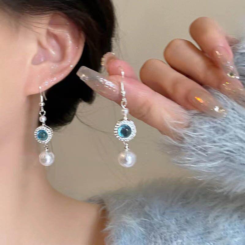 Aquamarine Blue Pearl Necklace, Broken Silver Collarbone Chain, Niche Design Sense, Sweater Chain Women'S French Light Luxury Niche Design Sense