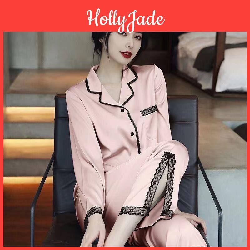 Ice Silk Womens Sexy 2pcsset Student Homewear Big Size Solid Color Cardigan Lace Long Sleeve Long Pants Ladies Sleepwear