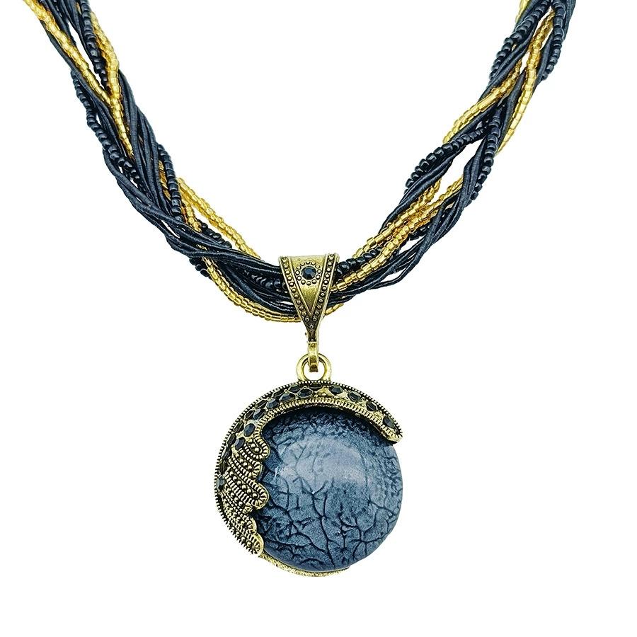 Women Bohemian Vintage Handmade Beaded Peacock Gemstone Pendant Necklace Jewelry Crystal Choker Ethnic Sweater Chain