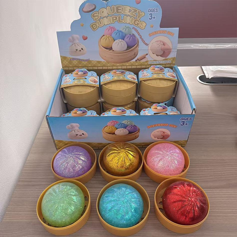 Glitter Squeeze dumpling squishie Toy Kawaii Steamed Bun Stress with Steamer Box Soft TPR Squishy for Kids Adults Anxiety Relief
