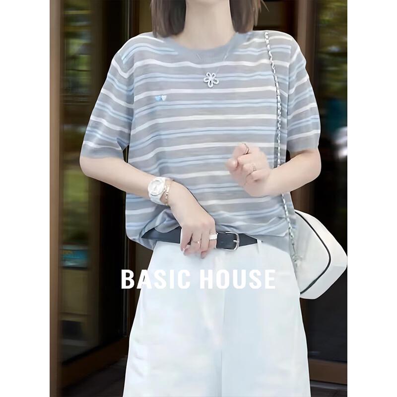 Basic House Women s Striped Knit Short-Sleeve T-Shirt XL