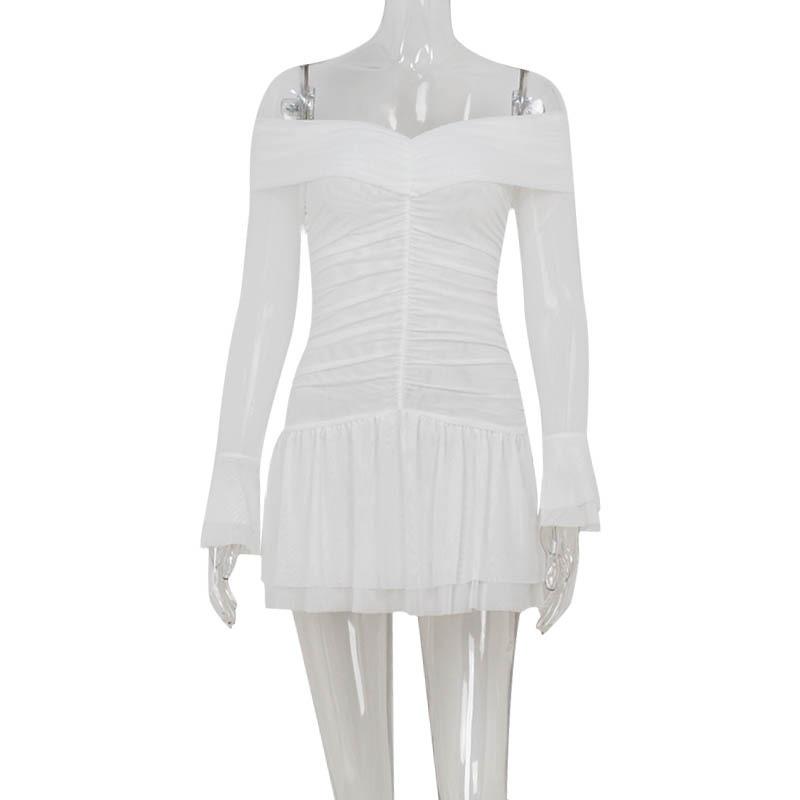 Abito da donna alla moda monospalla svasato a maniche lunghe snellente plissettato a trapezio corto