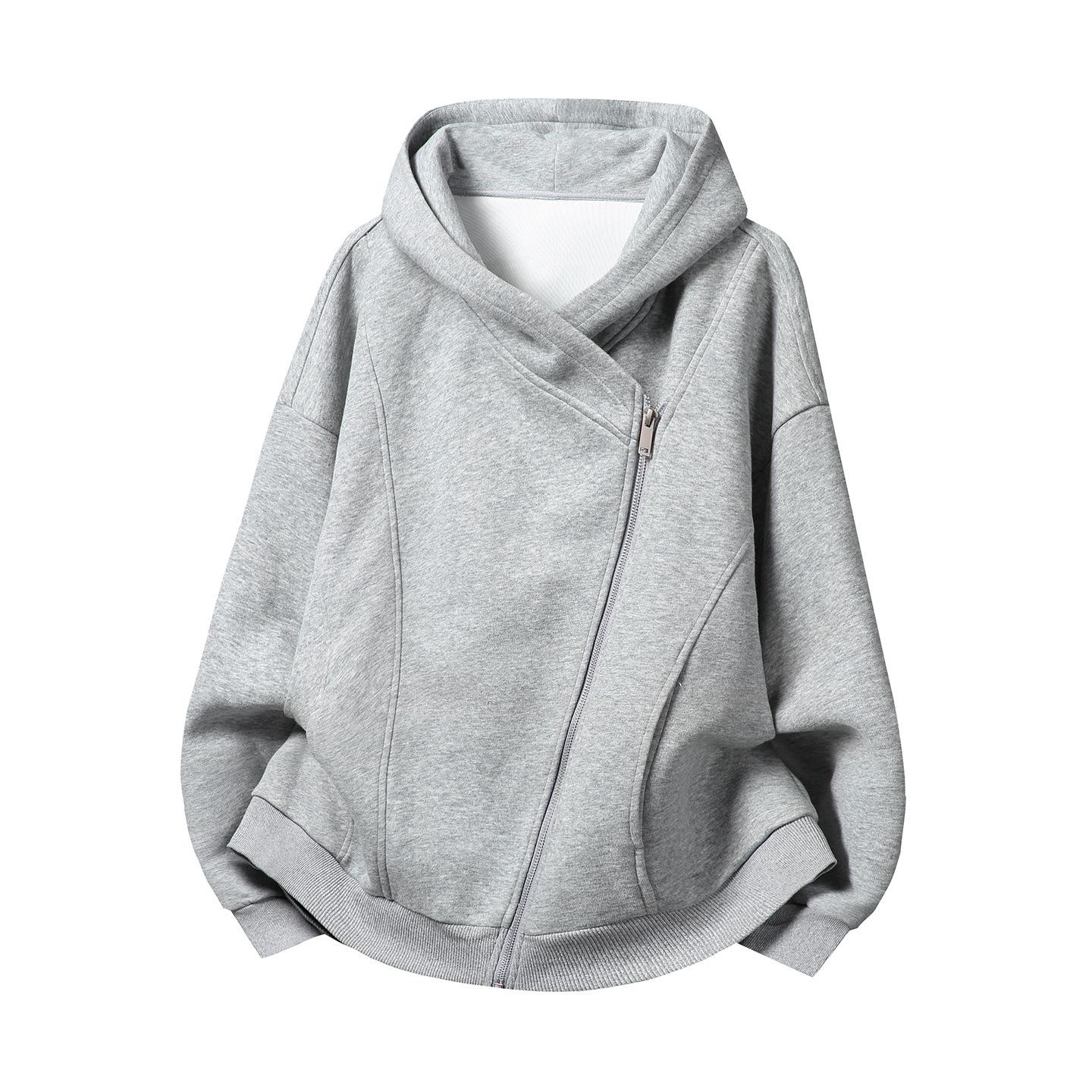 Men s Heavyweight Retro American Silhouette Hooded Sweatshirt with Oblique Zip for Autumn/Winter L