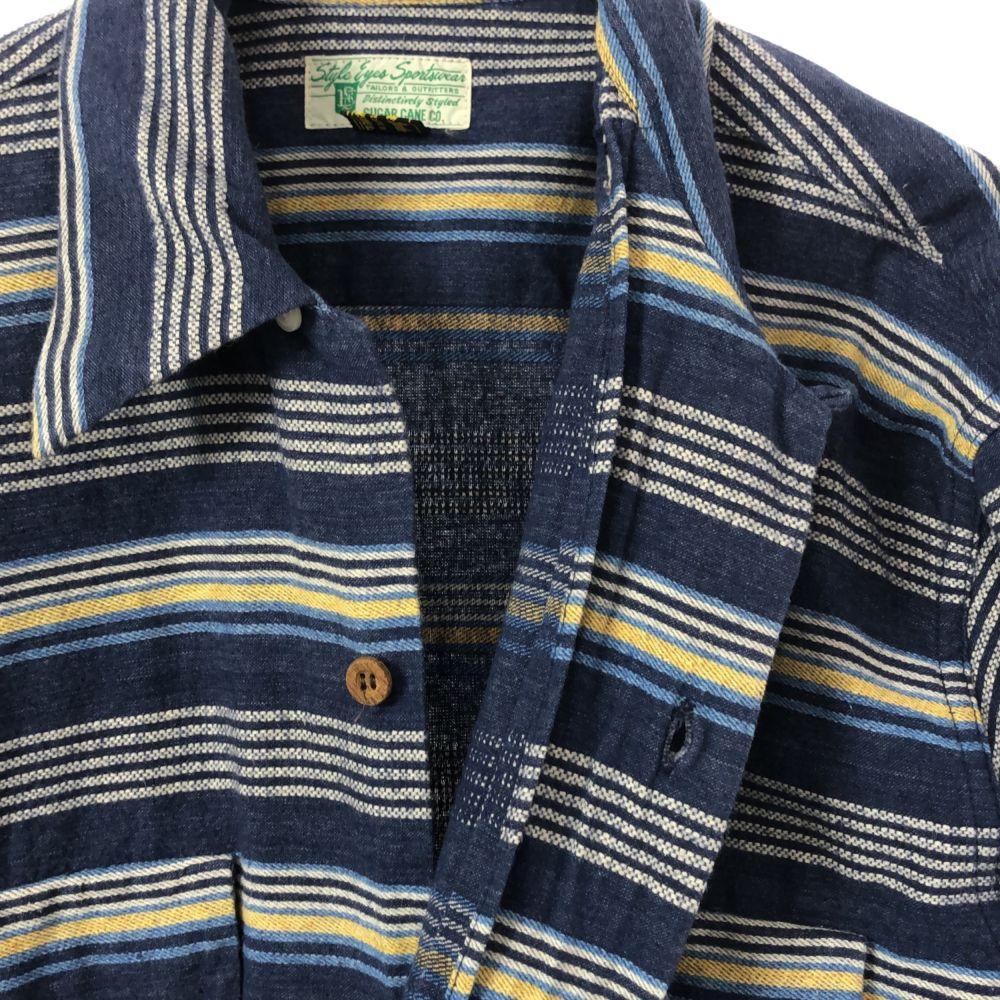 SUGAR CANE Toyo Enterprise Border Long Sleeve Cotton Shirt LARGE Blue Men's Used