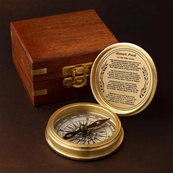 100-Year Brass Calendar Compass Engraved with Wood Box Gift for Him 5.58 Cm