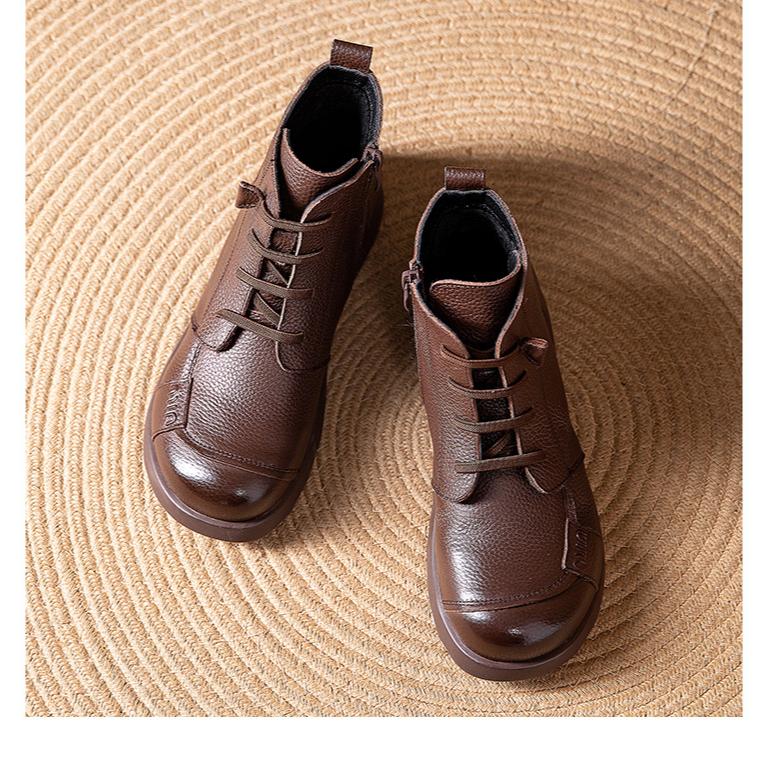 Johnature Genuine Leather Warm Round Toe Soft Soled Short Boots Low Heel Non Slip Casual Women's Shoes