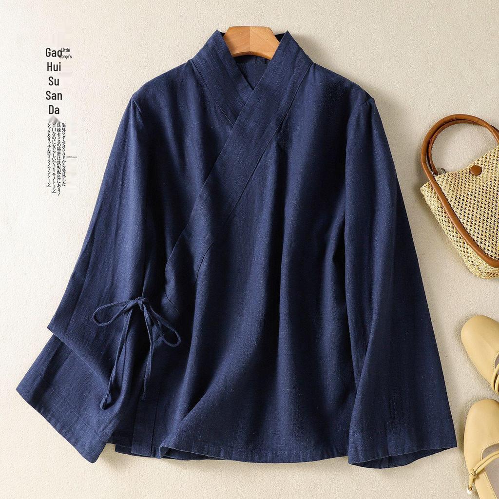 V-Neck Lace-Up Loose Slimming Chinese Style Cotton Linen Long-Sleeve Top for Spring/Summer