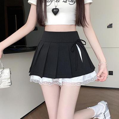 Women's Summer 2026 A-Line Lace Pleated Skirt - High Waist, Trendy Culottes Style