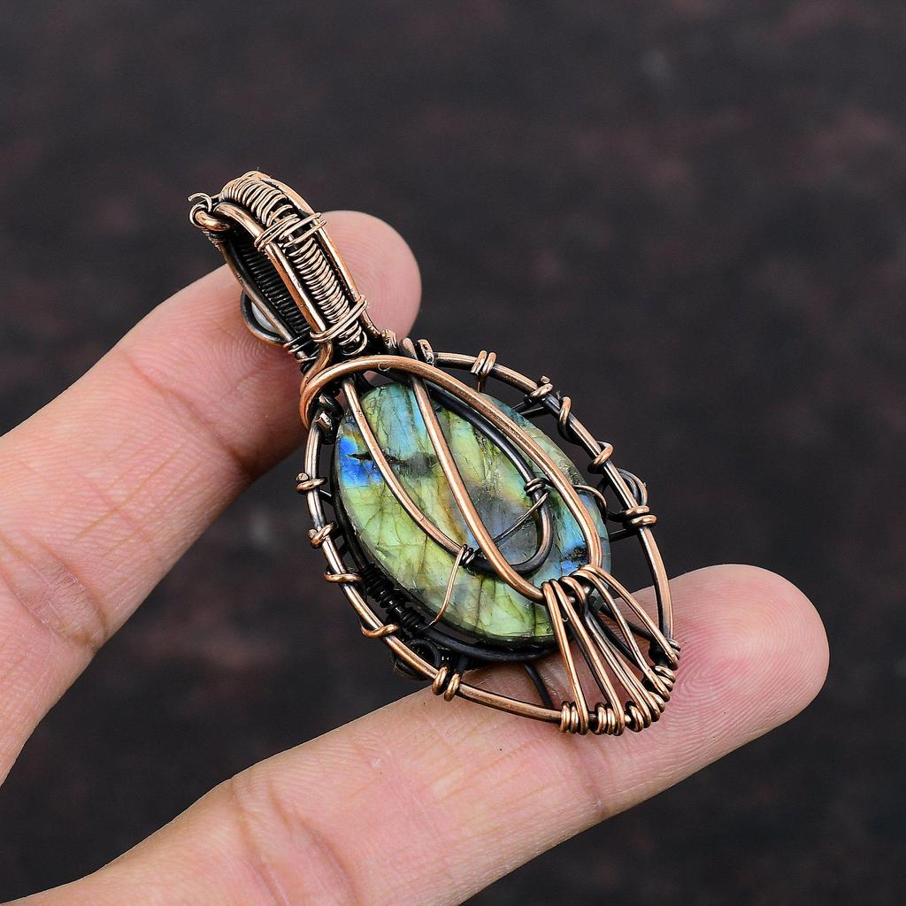 Evil Eye Mystic Fire Labradorite Pendant Copper Wire Wrapped Gemstone Pendant Handmade Copper Jewelry Rainbow Moonstone Pendant Gift For Her