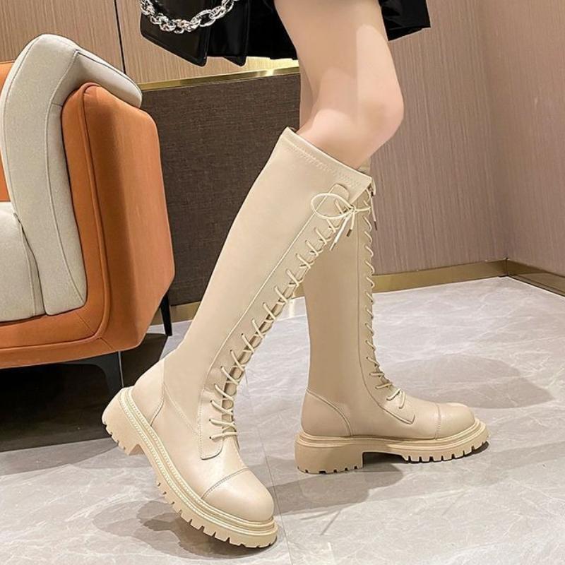 Round Toe Lace-up Leather Platform Women's Long Boots Autumn Winter Fashion  New In Comfortable Ladies Knee High Shaft Shoes