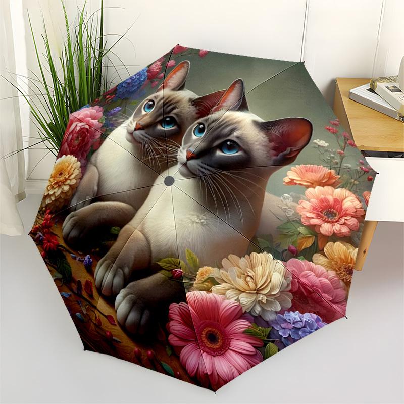 1pc Cat Floral Decor Automatic Folding Umbrella - 8-Rib Durable Iron Frame, Compact Portable for Daily Travel yy251205001
