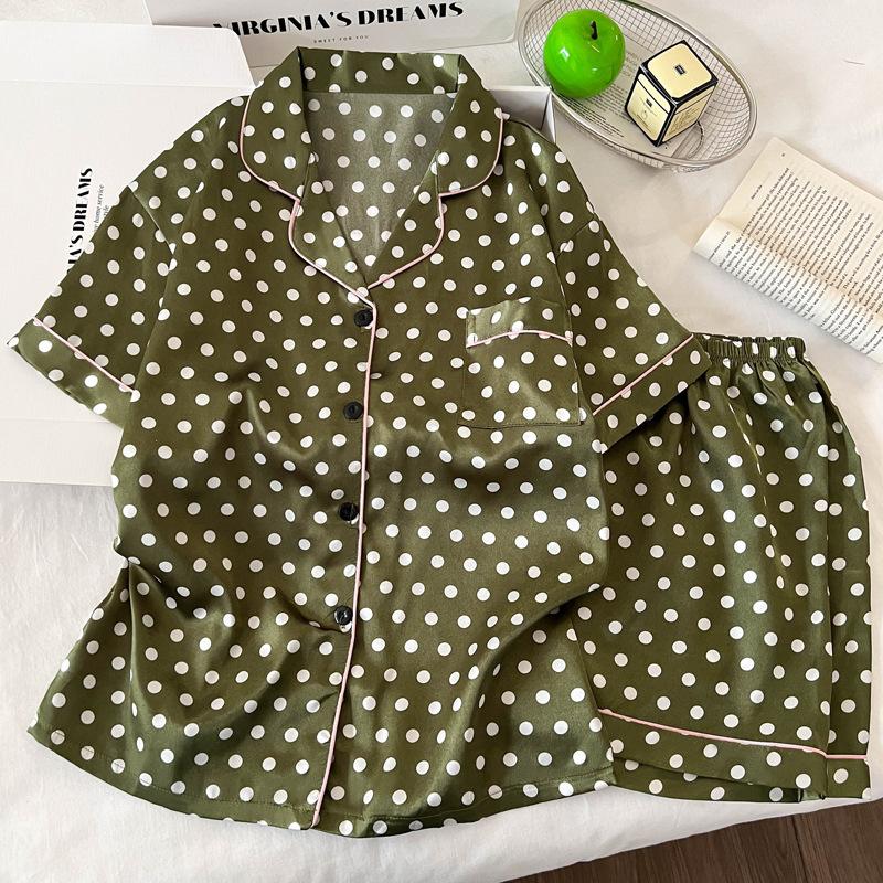 Mori Color Matching Small Dot Ice Silk Pajamas Women'S Summer Short-Sleeved High-End Loungewear Set