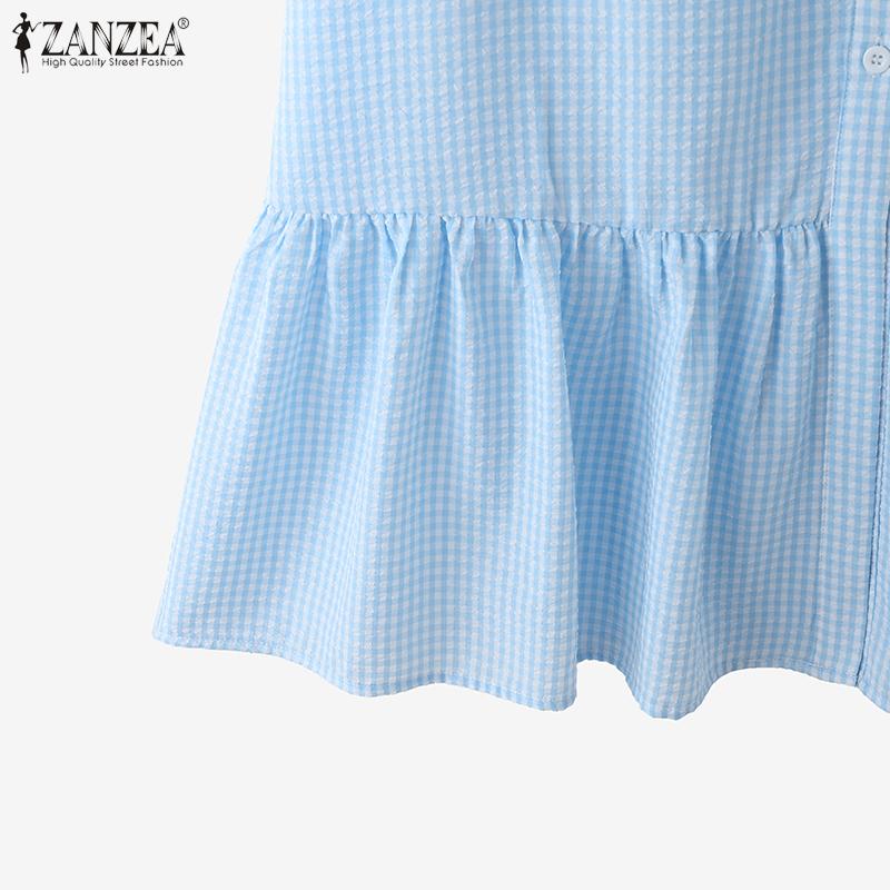 ZANZEA Women Elegant Doll Collar Summer Casual Short Sleeve Grid Print Dress