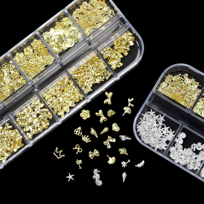 Decoraciones para Uñas con Lazo de Aleación de Diamantes Dorados y Plateados de 12 Compartimentos