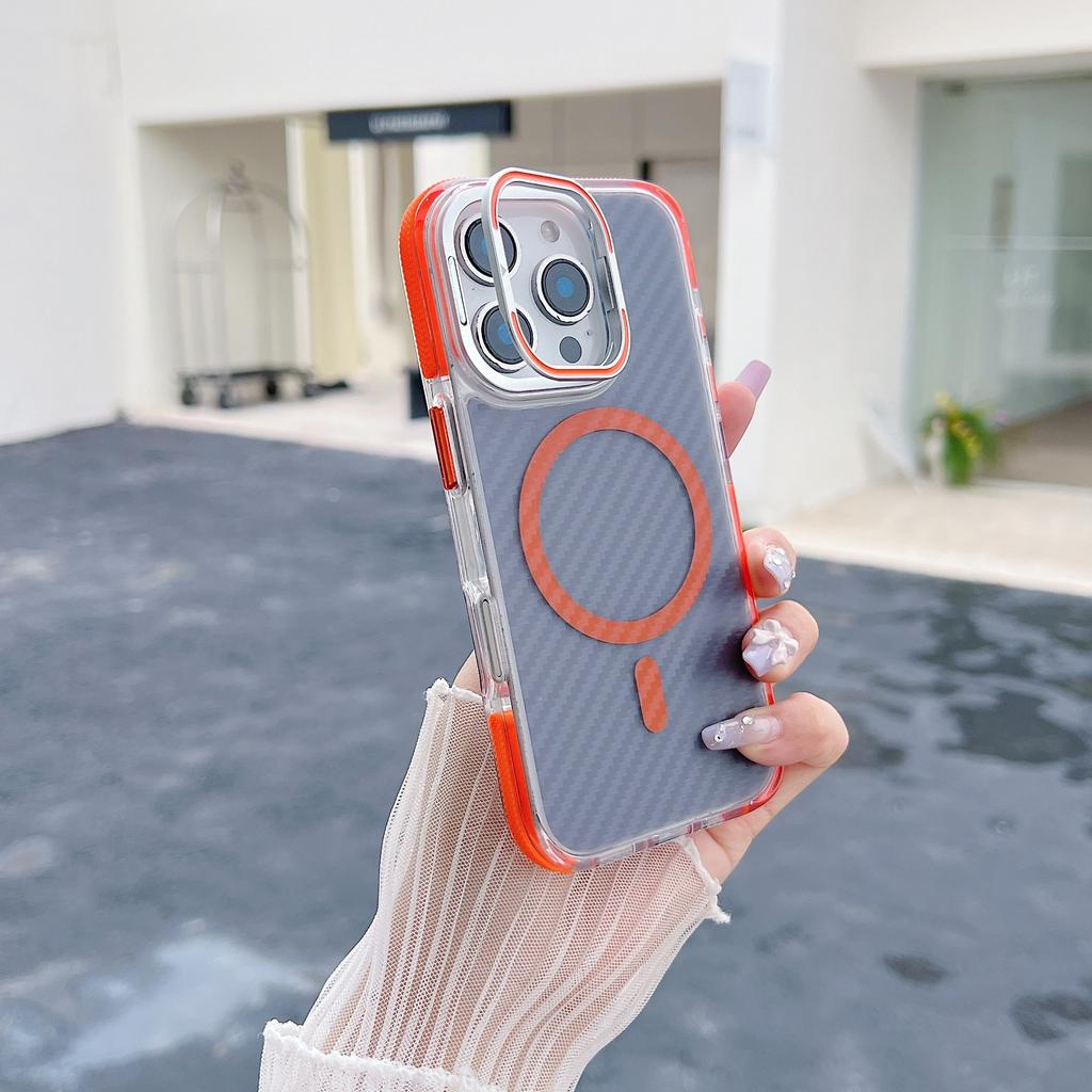 Applicable to iPhone17ProMax Xuncai carbon fiber pattern magnetic suction bracket mobile phone case Apple 16Pro anti-drop cover