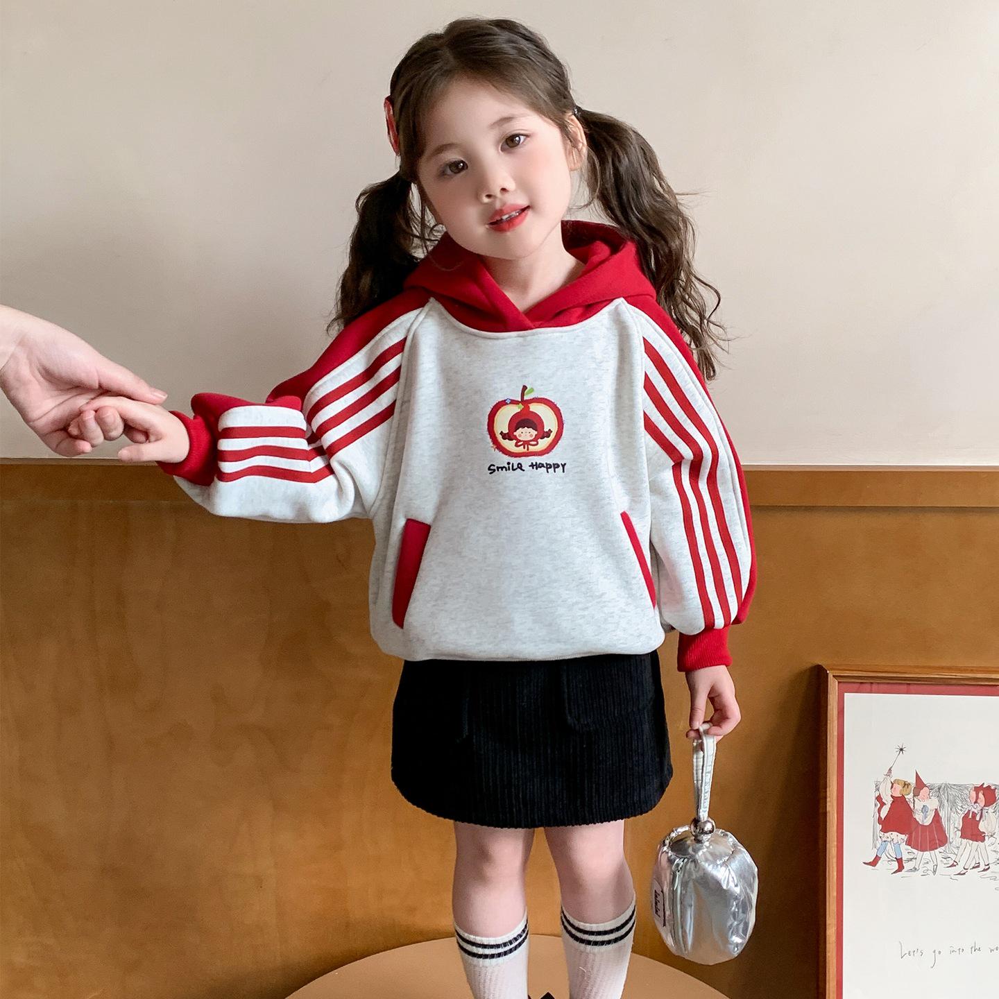 

Girls Fashionable Fleece-Lined Hooded Sweatshirt with Zipper for Autumn/Winter 2024 130 cm красный