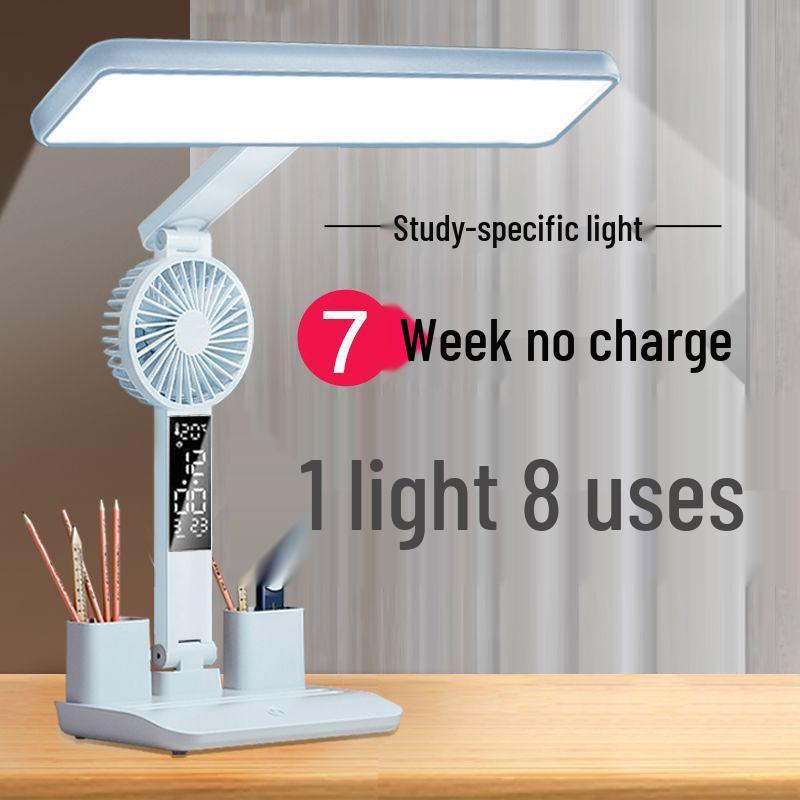 LED Augenschutz-Schreibtischlampe mit Uhr, wiederaufladbare Dual-Use-Ventilatorleuchte, Nachtlicht mit langer Akkulaufzeit