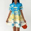 Women Casual Loose Fit Button Front Dress Shirt Dress with Stand Collar Short Sleeve Hawaiian Print Summer Dress