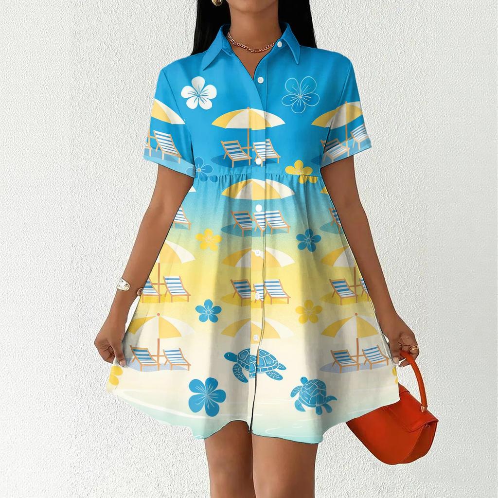 Women Casual Loose Fit Button Front Dress Shirt Dress with Stand Collar Short Sleeve Hawaiian Print Summer Dress
