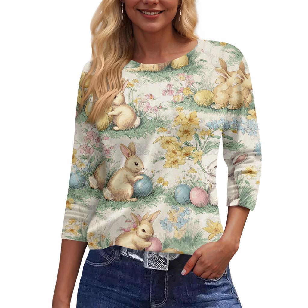 Women's Fashionable Casual Three-quarter Sleeve Easter Print Round Neck Pullover Top