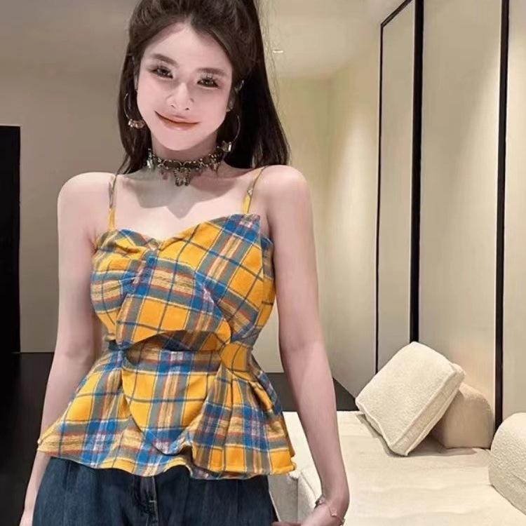Summer Korean Version of Fashion Hottie Slim and Thin Contrasting Color Plaid Sling Vest Pure Lust Sexy Versatile Top Women