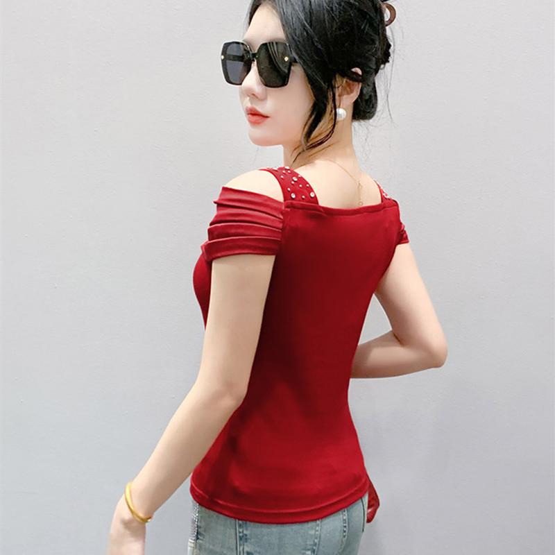 Classic Summer Women's Sexy V-Neck Hot Diamonds T-shirt Elegant Off Shoulder Ladies Tops Shirts Short Sleeved Cotton Tees