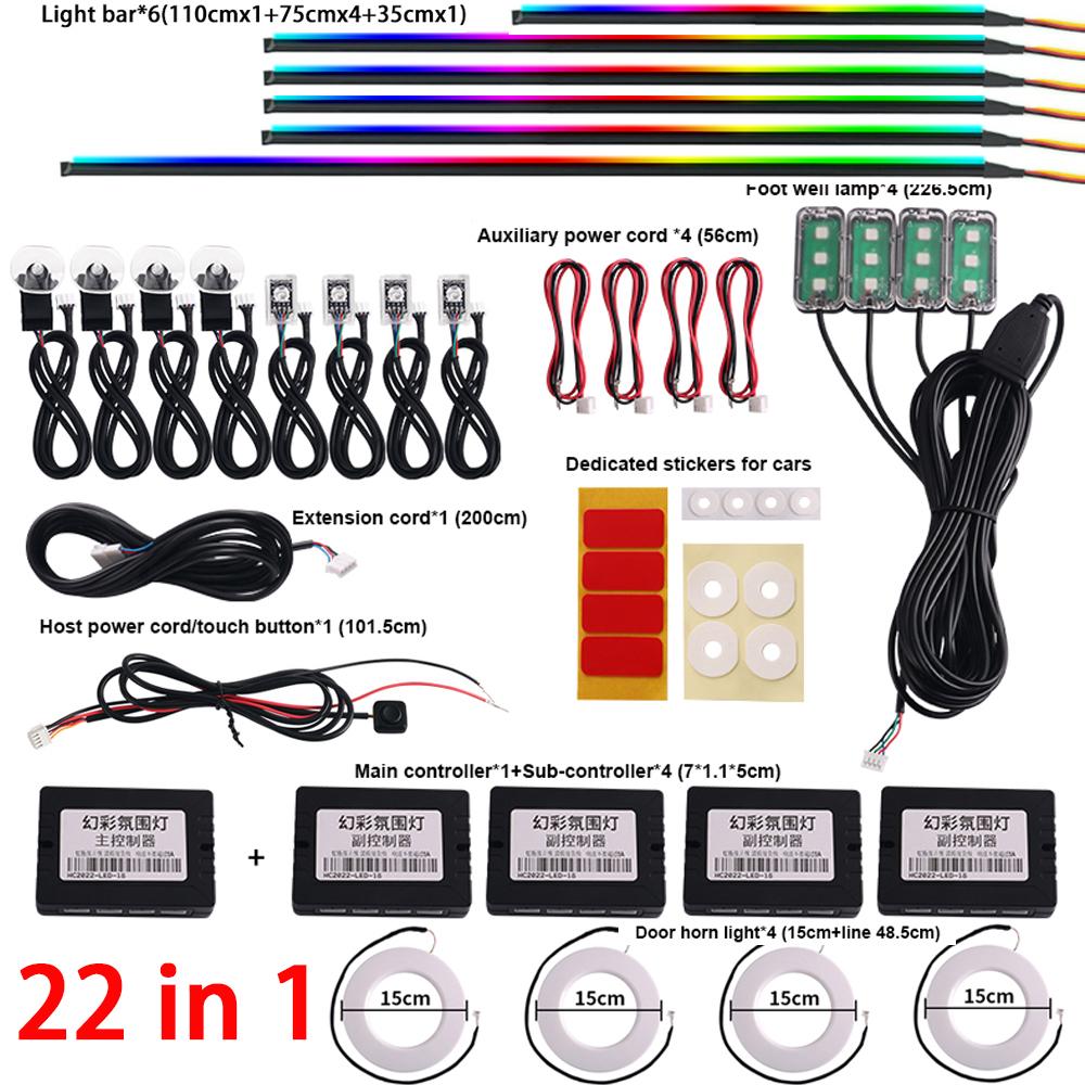 18 v 1 64barevné RGB Symphony Car Ambient Light Interiérové ​​akrylové vodítko LED páskové světlo Dekorace Atmosférická lampa pomocí ovládání aplikací