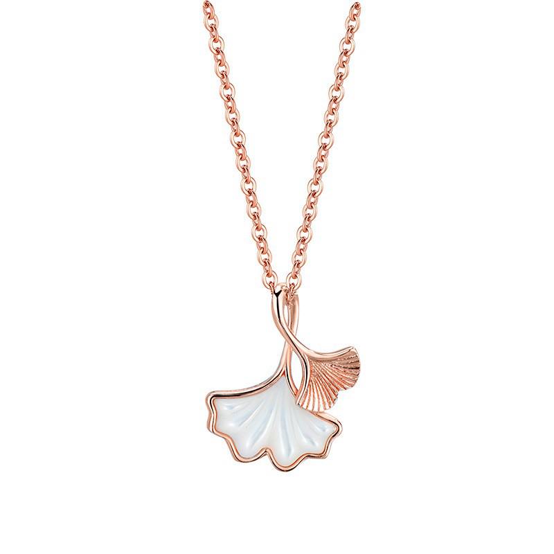 Elegant S925 Sterling Silver Necklace for Women - Ginkgo Leaf Clavicle Chain with White Shell Pendant 925 Silver